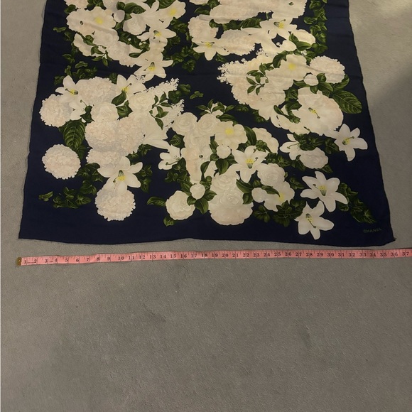 Authentic CHANEL Navy and White Floral Silk Scarf - Picture 3 of 7